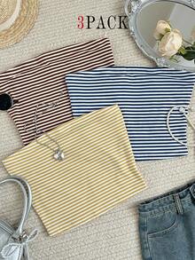 SHEIN LUNE 3件套加大码女士休闲条纹抹胸上衣夏季套装 - 彩色 - 查看 1