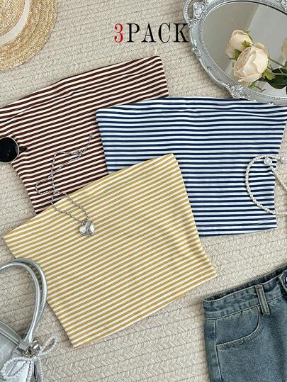 DrmWander 3件套加大码女士休闲条纹抹胸上衣夏季套装