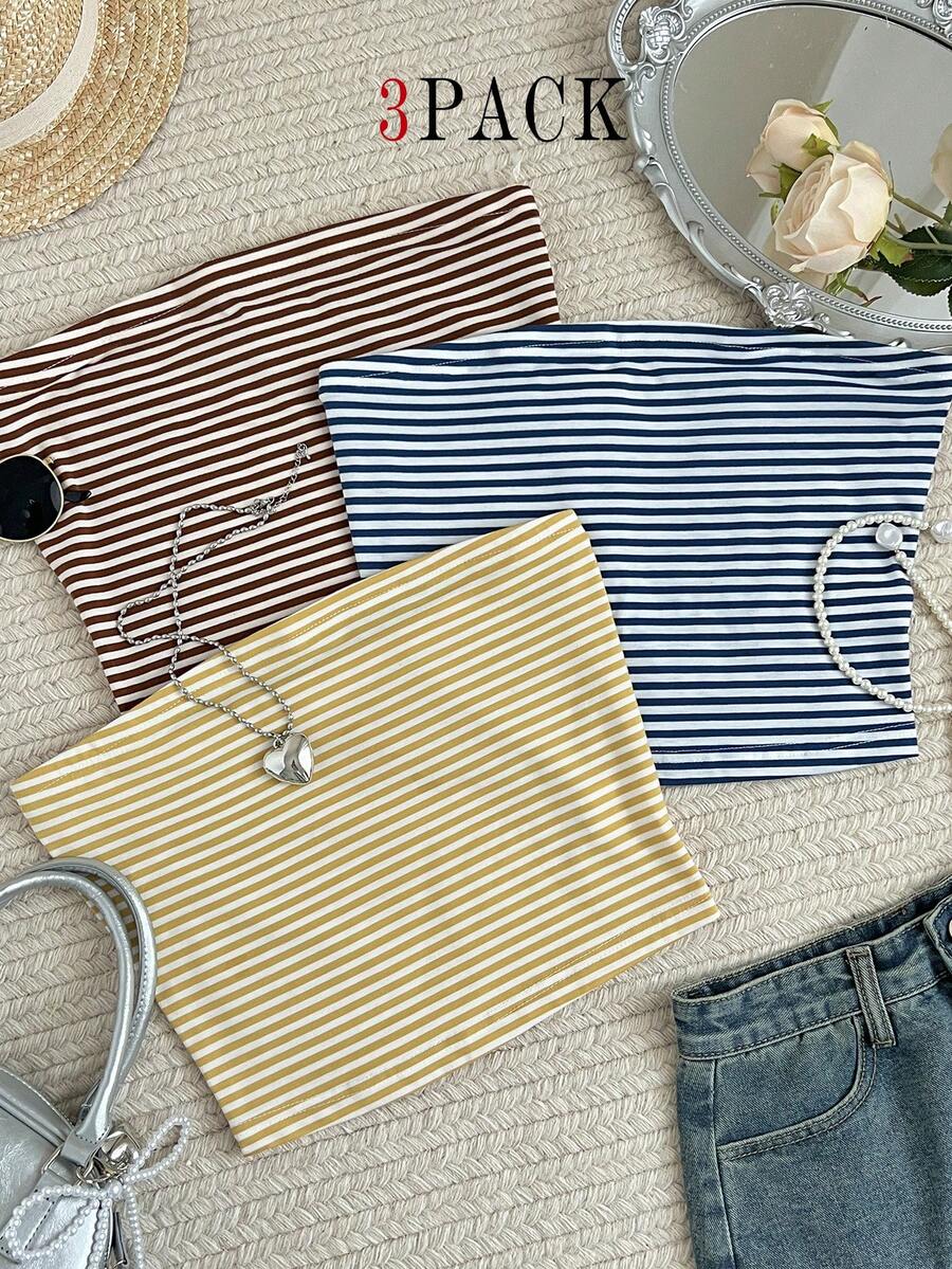 SHEIN LUNE 3件套加大码女士休闲条纹抹胸上衣夏季套装 - 彩色 - 查看 1