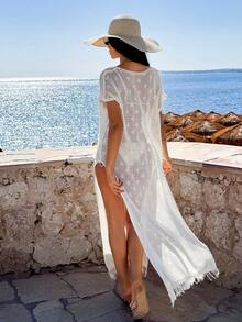 EURMUSE Hollow Out Beachwear Kimono Cover Up - Apricot - View 2