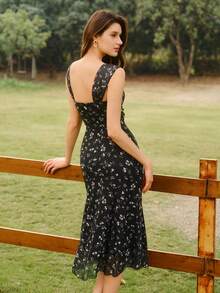 Vintamour 复古经典优雅女士连衣裙，春夏修身印花连衣裙，宽肩带连衣裙，黑色连衣裙 - 黑色 - 查看 2