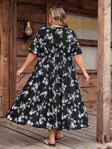 SHEIN CURVE+ Đầm dự tiệc dành cho nữ, cỡ US22, chất liệu vải thêu họa tiết cây cỏ, phong cách Bohemia, chất liệu bền chắc, thích hợp cho lễ hội âm nhạc, kỳ nghỉ biển. - màu đen - Xem 3