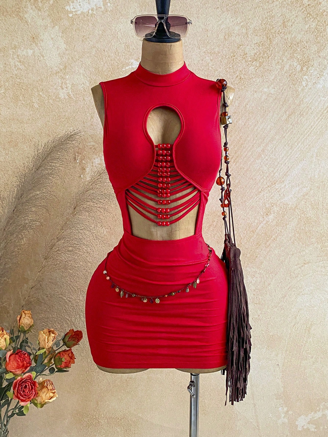 Soleia Women’S Solid Color Beaded Hollow Out Sexy Sleeveless Mini Dress Cut Out