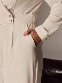 Juhart 大码女式梭织常规春秋优雅办公室长袖翻领连体裤，杏色 - 杏色 - 查看 6