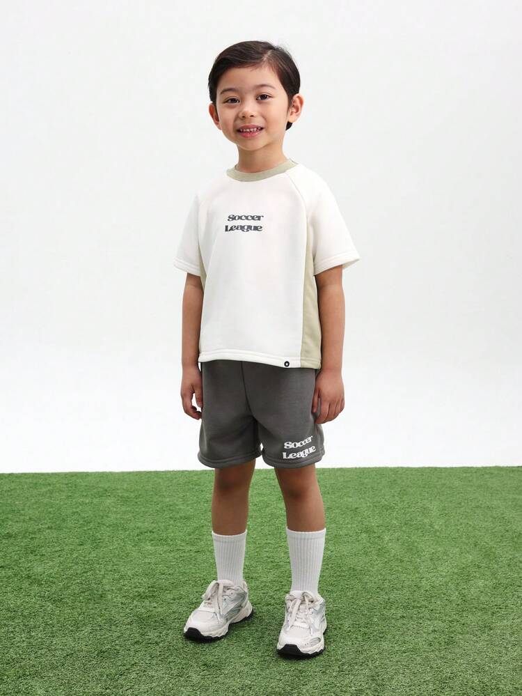 Boys Soccer League Short Sleeve Crew Neck T-Shirt And Shorts Two Piece Casual Set With Chest Print