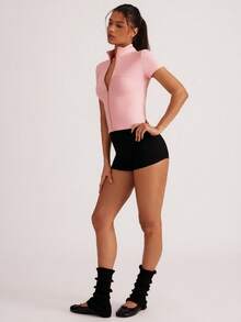 Hauture Chaqueta corta de yoga con cuello alto ajustada y cremallera para mujer, versátil para hacer ejercicio y uso casual - Rosa Pálido - Ver 3