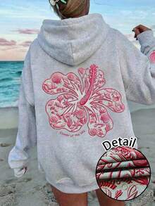 SHEIN EZwear 女士休闲连帽卫衣，浅灰色卫衣，芙蓉花印花，女士沙滩卫衣，海洋元素印花 - 淺灰色 - 查看 1