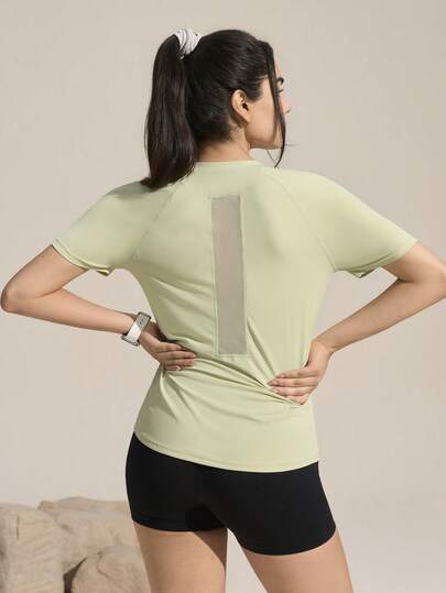 Exploreva Women's New Elastic Mesh Patchwork Light Green Short Sleeve T-Shirt