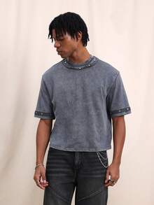 SUMWON Men Vintage Washed Crew Neck Boxy Fit Short Sleeve T-Shirt With Double Layer Neckline And Metal Studs Casual Weekend Cotton Tee - Grey - View 4