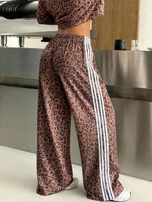 SHEIN EZwear 女士豹纹针织阔腿运动裤，春夏款 - 棕色 - 查看 4