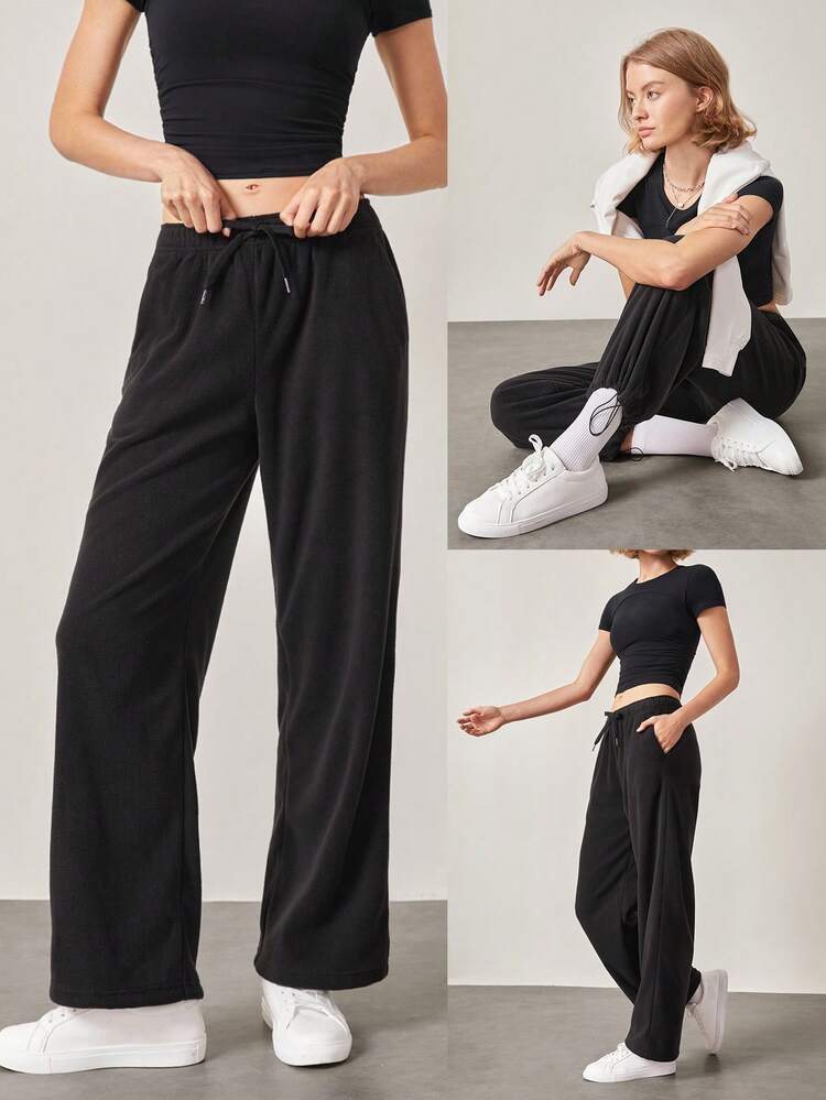 Dünne, aus Polarfleece, weiche, warme Hose mit weitem Bein, verstellbarer Kordel-Taille, Saum und Seitentaschen für den täglichen Lässig-Einsatz im Herbst und Winter