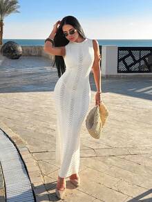 EURMUSE Crochet Hollow Out Beachwear Maxi Dress - Apricot - View 4