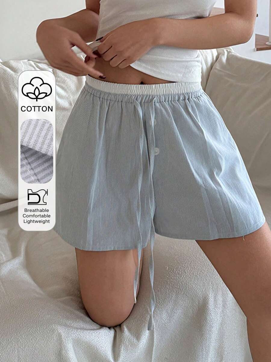 DAZY Bộ đồ ngủ ngắn nữ mùa hè kiểu dáng thường ngày, kẻ sọc, có dây rút ở eo. - Xám - Xem 1