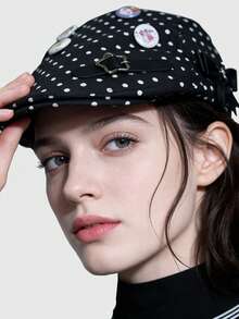 ROMWE Kawaii （随机波点图案）1顶黑白波点八角帽，复古小脸贝雷帽，女士画家帽，春夏款 - 黑與白 - 查看 4