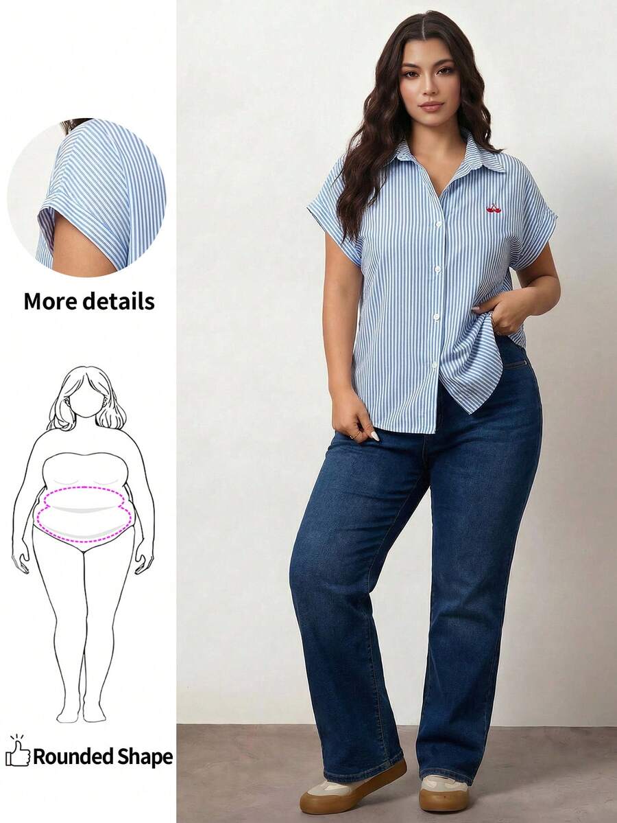 Enliva Áo sơ mi mùa hè đơn giản thường ngày cỡ lớn - Màu xanh lam - Xem 1