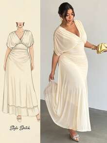 Firerie 大码舒适休闲优雅度假风褶皱V领弹力腰摆长连衣裙，春夏款 - 杏色 - 查看 8