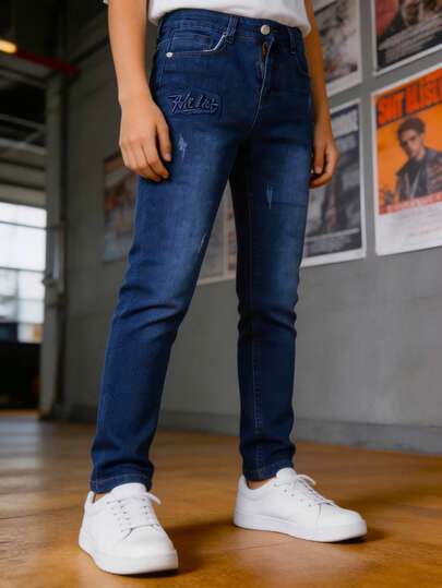 Pantalon niño mezclilla denim ajustado juvenil moderno cómodo casual infantil niño  temporada primavera verano