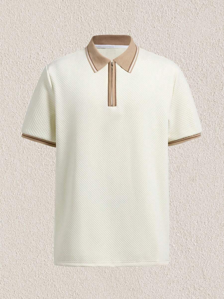 Mercer Haus 男士杏色条纹 Polo 衫,带拉链细节,适合网球和高尔夫运动,拉链纹理 Polo 衫,复古风格,适合在夏威夷享受夏季热带假期。 - 杏色 - 查看 1