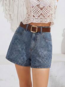 Anewsta Quần short denim ống rộng màu xanh dương đậm, thêu họa tiết cầu kỳ, cạp cao, dáng suông dành cho nữ. - Màu xanh lam - Xem 5