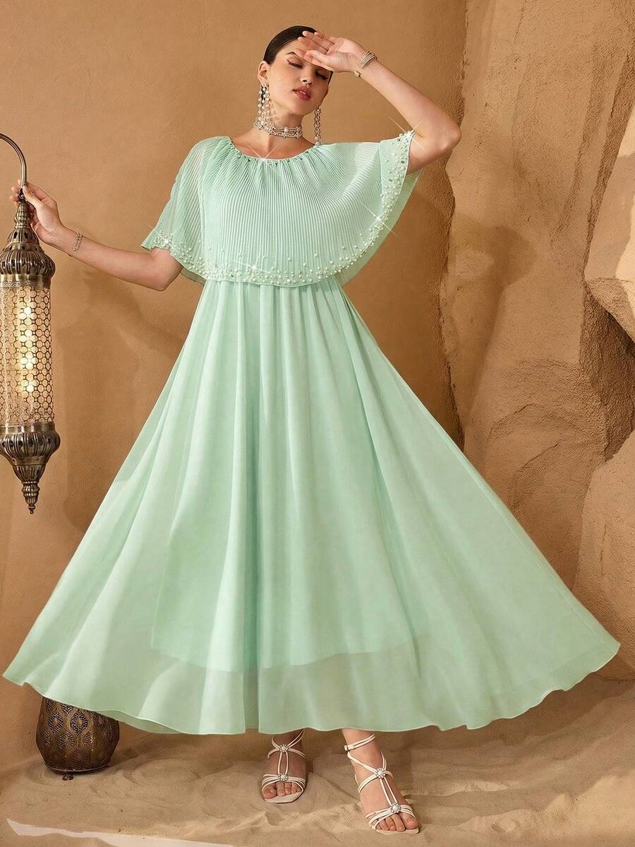 Modelyn Elegant And Luxurious Rhinestone Decorated Chiffon Pleated Shawl Collar Slimming Commuter Dress Tea Party Mint Green Summer - Mint Green - View 1