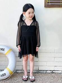 DAZY Bộ đồ bơi liền thân lưới kẻ sọc dành cho bé gái - màu đen - Xem 6