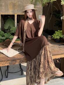 DAZY Women's Print Patchwork Tie-Up Elegant Dress - Coffee - View 5