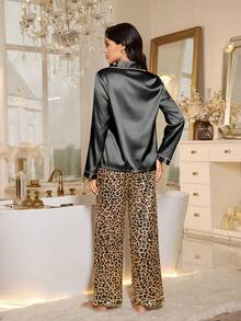 SHEIN Luxury Contrast Trim Leopard Print Women Pajama Set - Black - View 2