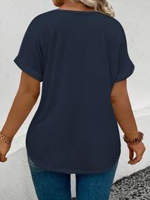 EMERY ROSE Women's Casual V-Neck Short Sleeve Curved Hem All-Match Versatile Plus Size T-Shirt - Navy Blue - View 2
