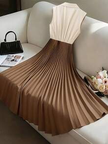 Franclia Women's Elegant Classy Brown Stripe Pleated Dress,Sleeveless Shirt-Style Lapel Semi-Open Front Two-Tone Mid-Length Dress For Summer Office Workplace - Multicolor - View 2