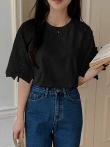 DAZY Camiseta de manga corta de verano con parches de encaje elegante y casual para la ciudad - Negro - Ver 5