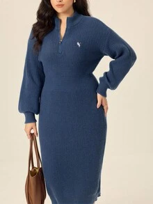 Juhart 大码女式纯色针织连衣裙，带海马图案，休闲毛衣裙，适合圣诞节、万圣节、返校季 - 寶藍色 - 查看 4