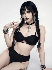 ROMWE Goth 女士度假沙滩性感纯色镂空泳衣套装 - 黑色 - 查看 6