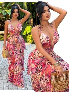 SHEIN SXY Đầm hoa hở lưng cổ yếm dáng xòe cho kỳ nghỉ, có bèo nhún, mùa hè, mùa xuân, đi biển, Ibiza, đầm hoa cho nữ, đầm nghỉ mát gợi cảm phong cách Boho, trang phục đi biển cho nữ, bộ váy đầm nghỉ mát 2 mảnh phong cách Boho, bộ đồ nghỉ mát 2 mảnh cho nữ, trang phục nghỉ dưỡng cho nữ, đầm đi biển cho nữ, đầm che bikini, đầm 2 mảnh, trang phục mùa hè cho nữ, đầm đi biển - Nhiều màu - Xem 6