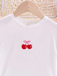 Tween Girls' Casual Cute Bow & Cherry Print, Cream Pink Striped Graphic, Round Neck Short Sleeve Shorts Pajama Set, Suitable For Summer, Y2K Style - Multicolor - View 5