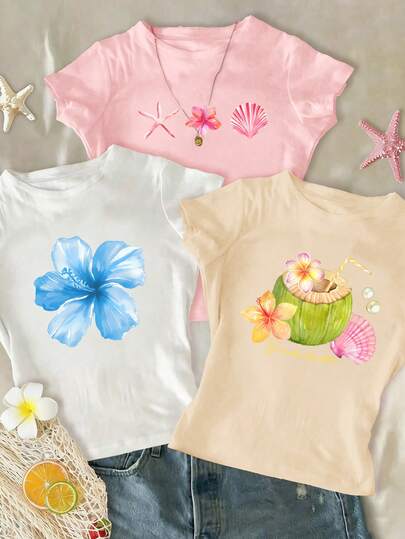 3pcs Floral & Shell & Coconut Print Fitted Short Sleeve Tops, Suitable For Beach Vacation, Fits Girls & Teens, Suitable For All Seasons