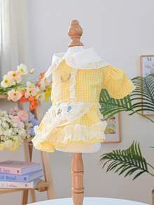 PETSIN 1 chiếc váy gấu bông kẻ caro vàng kiểu đồng quê cho thú cưng, có ren xếp ly, kiểu hầu gái với vòng chữ D để cố định, thích hợp cho mèo và chó. - Màu vàng - Xem 8