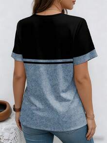 EMERY ROSE Patchwork Pattern Twill Texture Round Neck Short Sleeve Casual Plus Size T-Shirt, Spring - Multicolor - View 2