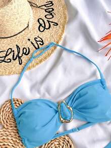 SHEIN 适合青少年女孩的纯色无肩带系带金属饰品比基尼套装，夏季泳装套装/沙滩女孩装/两件式泳衣/青少年比基尼套装 - 淺藍色 - 查看 5