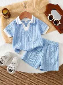 SHEIN Vintaside Kids 2026春夏新款时尚柔软舒适面料夏季度假旅行必备男婴薄荷绿几何纹理Polo衫短裤套装，适合日常外出、运动、休闲玩耍和假日旅行。 - 藍色 - 查看 6