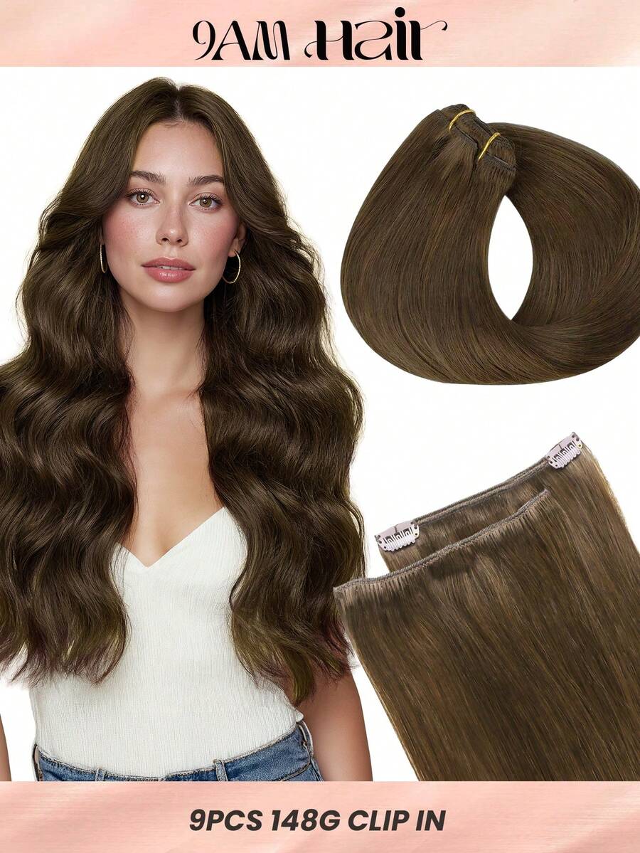 100% Real Human Hair 9PCS Straight Clip In Hair Extensions 148G 14-24 Inch Chocolate Brown Color Double Weft Invisible Clip Hair Extensions Remy Natural Human Hair For Women Girls Daily Use - S4A - View 1