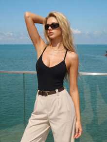 SHEIN ICON Women's V-Neck Crisscross Back Tie Camisole - Black - View 7