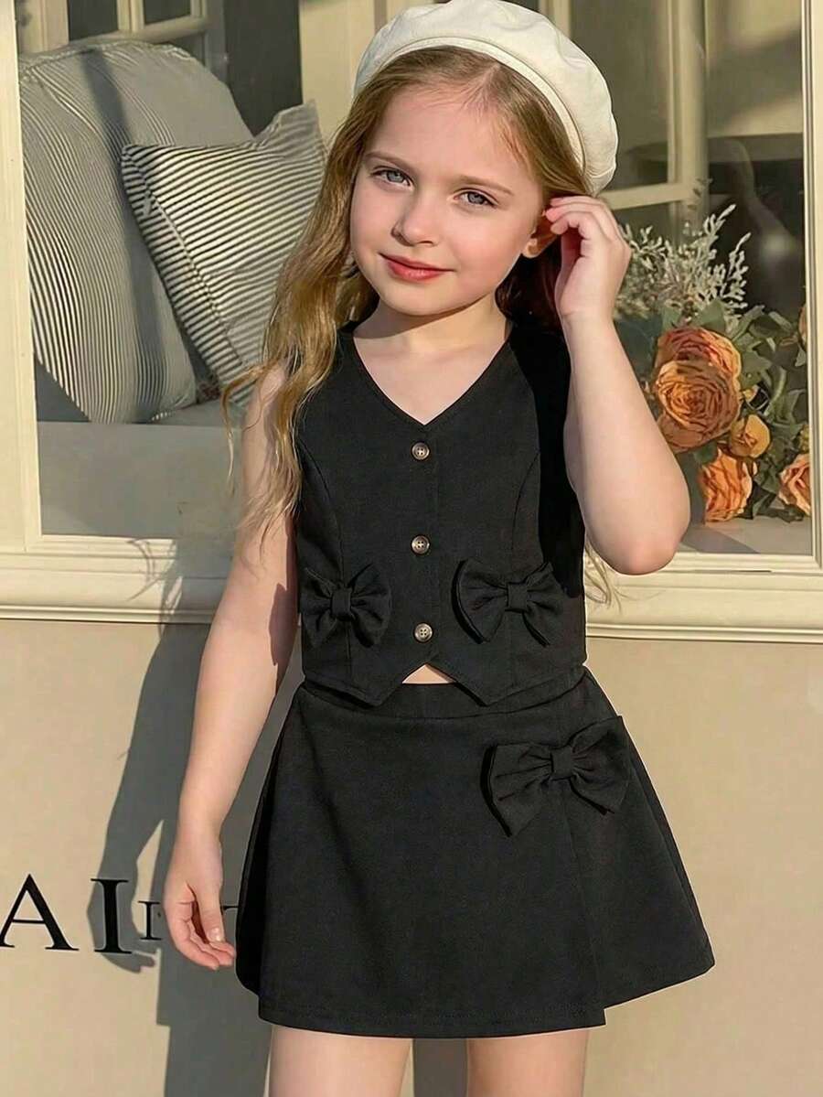 SHEIN Completo estivo da 2 pezzi nero per ragazza, top e pantaloncini stile principessa con fiocco, abbigliamento alla moda di alta qualità per uso quotidiano per ragazza