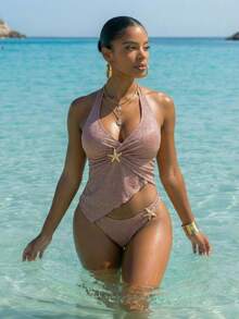 Glamine Conjunto de tankini asimétrico con volantes y lazada en dorado y plateado metálico. Traje de baño de una pieza metálico con estrella de mar. Traje de baño de mujer marrón con strass. Atuendos de playa, atuendos para citas en la playa, atuendos para festivales de música, atuendos para fiestas, atuendos para fiestas en la playa, con estilo elegante y sexy. - Morado - Ver 3