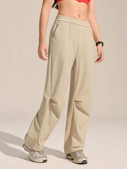 Exploreva Women's Solid Color Elastic Waist Pleated Pocket Casual Outdoor Pants
