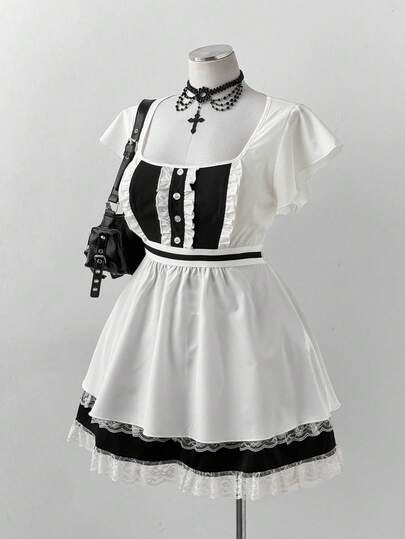 Sunspun Camisa de manga corta minimalista con cintura ceñida y diseño de patchwork en blanco y negro para tallas grandes