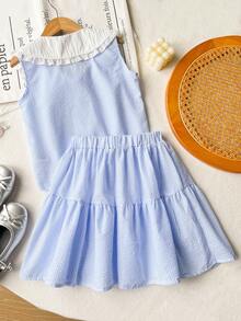 Genkimix Kids Elegant Striped Sleeveless Blouse & A-Line Skirt 2-Piece Set For Tween GirlsSuitable For Daily, Casual And Commuting Wear, Summer - Blue - View 2