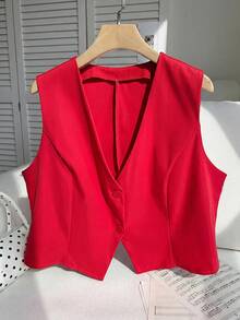 SHEIN EZwear 大码轻薄玫瑰红西装背心，适合毕业典礼、返校、秋冬季教师穿着，女士红色夏季上衣，红色背心，红色露脐上衣 - 紅色 - 查看 1