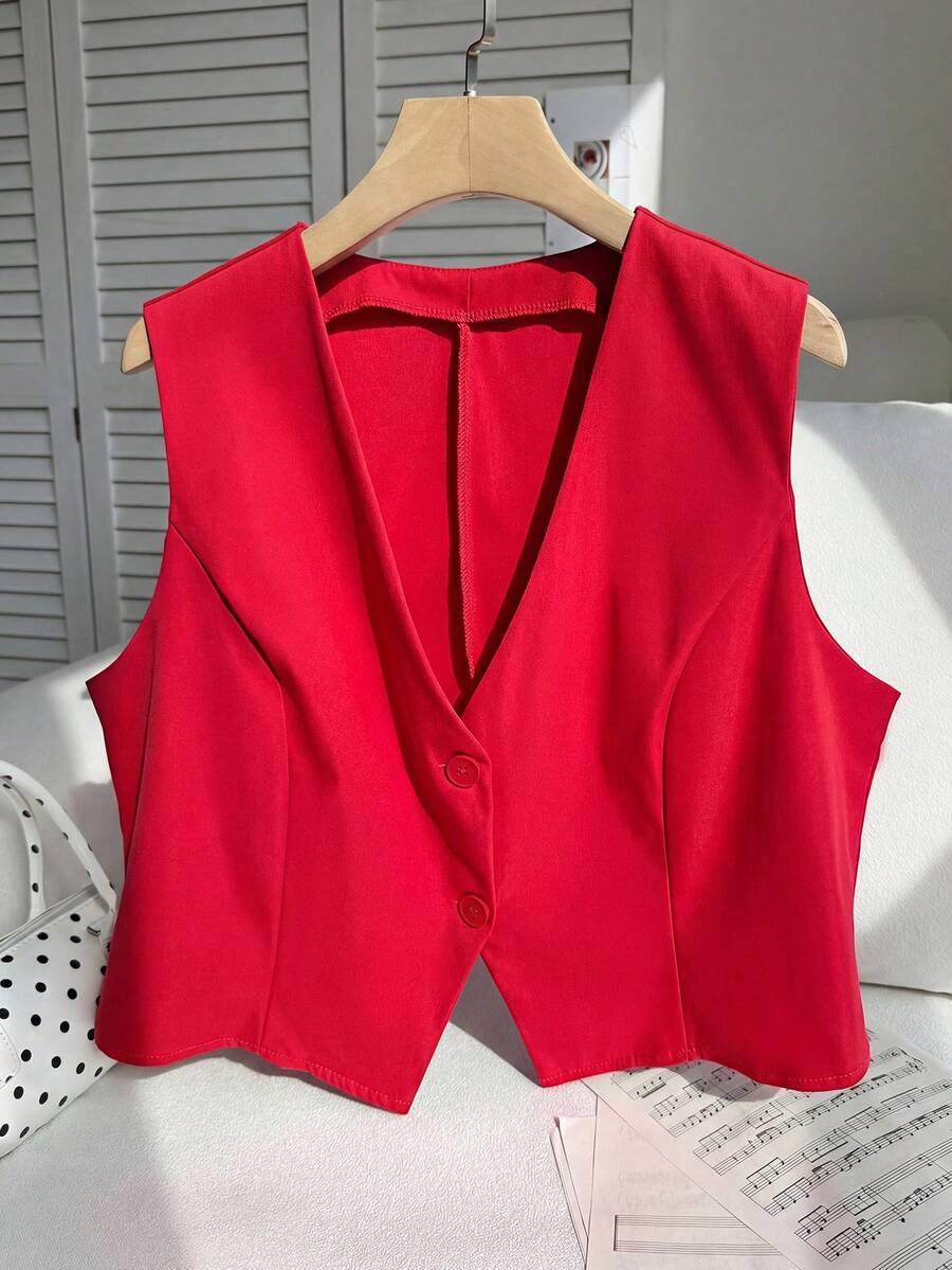 SHEIN EZwear 大码轻薄玫瑰红西装背心,适合毕业典礼、返校、秋冬季教师穿着,女士红色夏季上衣,红色背心,红色露脐上衣 - 紅色 - 查看 1