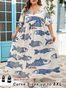 SHEIN CURVE+ Curve 尺码 US22 音乐节、海滨度假、波西米亚风女士度假宽松碎花 V 领短袖娃娃衫教师连衣裙、阿拉伯连衣裙、阿拉伯服装波西米亚风度假 - 藍白色 - 查看 6