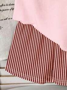 SHEIN 米色和棕色条纹，热带棕榈树印花，少女休闲简约圆领短袖T恤和短裤两件套，适合春夏日常穿着、街头风、居家、度假、农场、度假村等场合。 - 彩色 - 查看 6
